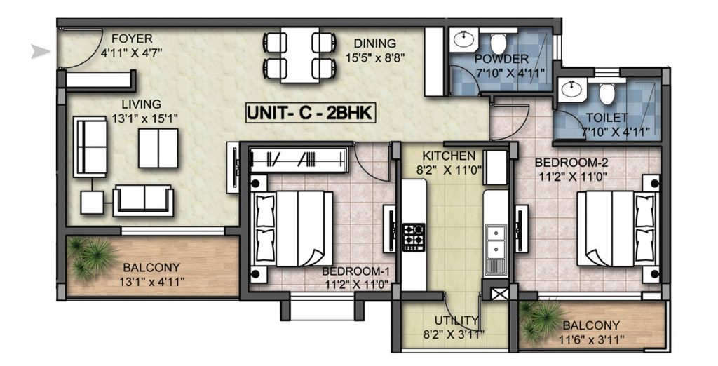 LGCL United Towers - 2 BHK Floor Plan