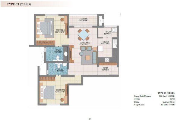Prestige Fontaine Bleauc - 2 BHK Floor Plan