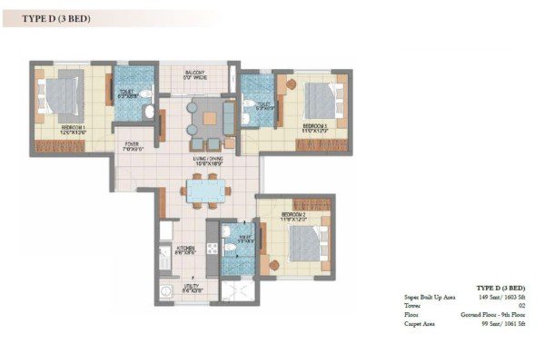 Prestige Fontaine Bleauc - 3 BHK Floor Plan