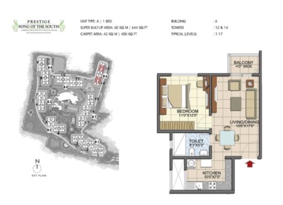Prestige Song Of The South 1 BHK Floor Plan
