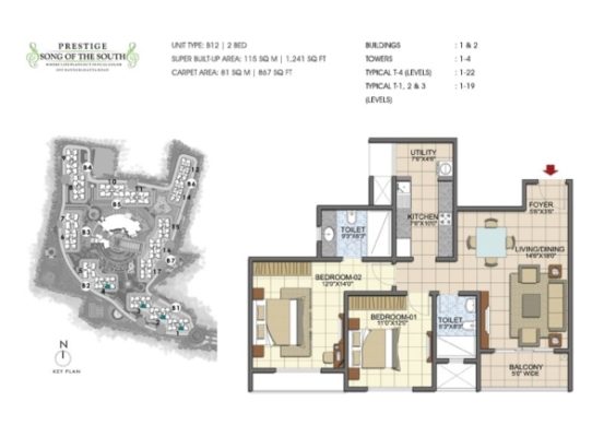 Prestige Song Of The South 2 BHK Floor Plan