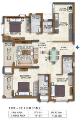 Prestige Waterford - 3 BHK Floor Plan