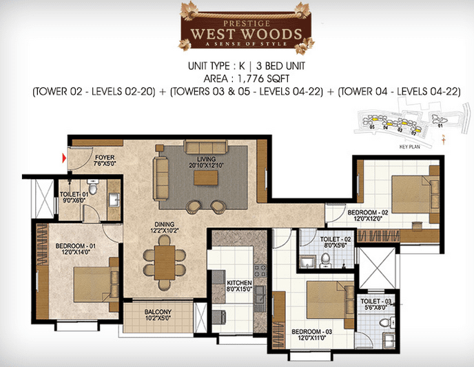 Prestige West Woods 3 BHK Floor Plan