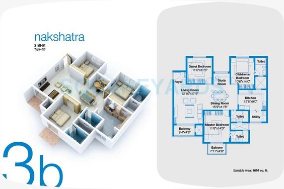 Vaishnavi Nakshatra 3 BHK Floor Plan