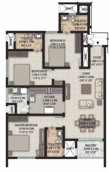 Sobha Silicon Oasis 3 BHK Floor Plan