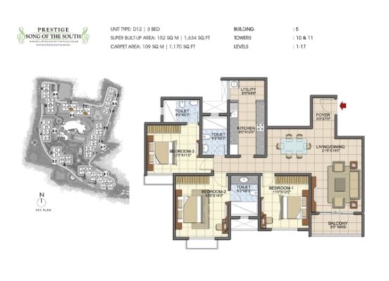 Prestige Song Of The South 3 BHK Floor Plan