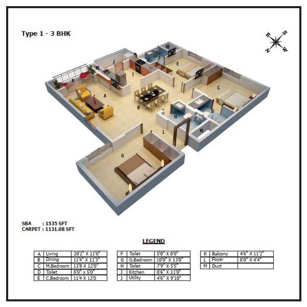 Mahendra Aarna 3 BHK Floor Plan