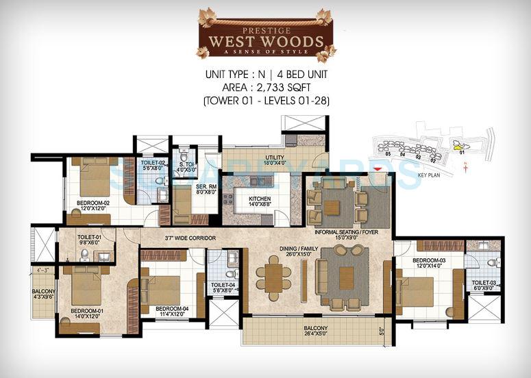 Prestige West Woods 4 BHK Floor Plan