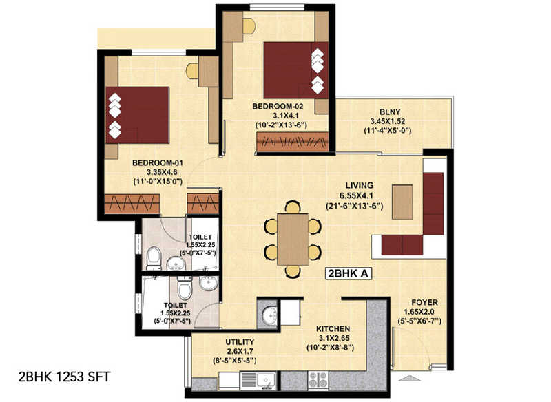 SJR Fiesta Homes 2 BHK Floor Plan
