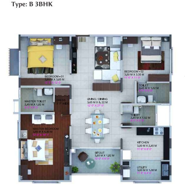 Vaishnavi Springs 3 BHK Floor Plan