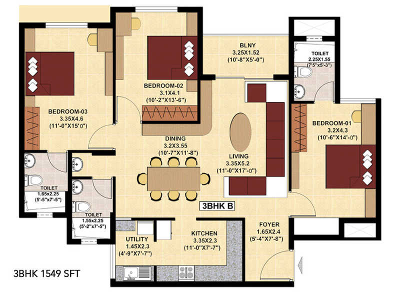 SJR Fiesta Homes 3 BHK Floor Plan