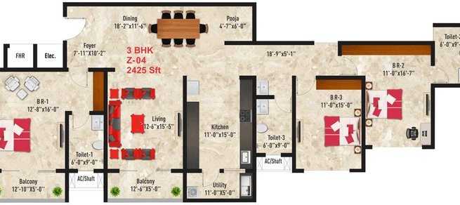 SNN Raj Spiritua 3 BHK Floor Plan