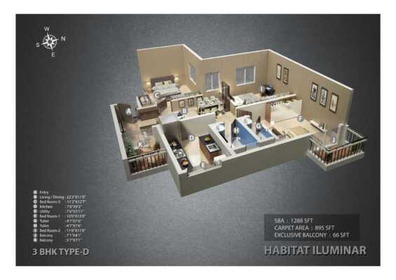 Habitat Iluminar 3 BHK Floor Plan