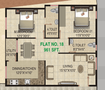 VR Meadows 2 BHK Floor Plan