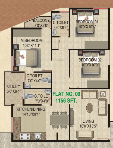 VR Meadows 3 BHK Floor Plan