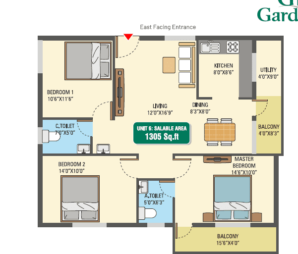 G R Gardenia 3 BHK Floor Plan