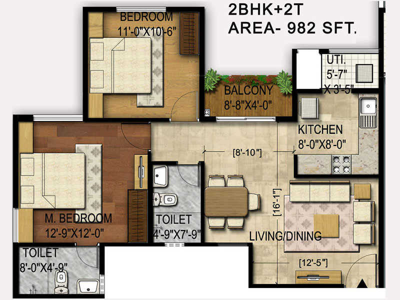 Unishire Indira Elan 2 BHK Floor Plan