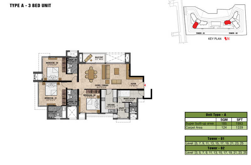 Prestige Fairfield 3 BHK Floor Plan