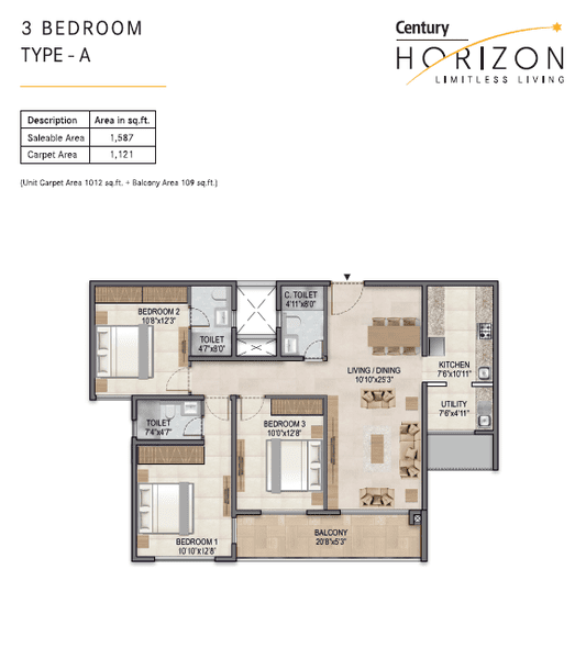 Century Horizon 3 BHK Floor Plan