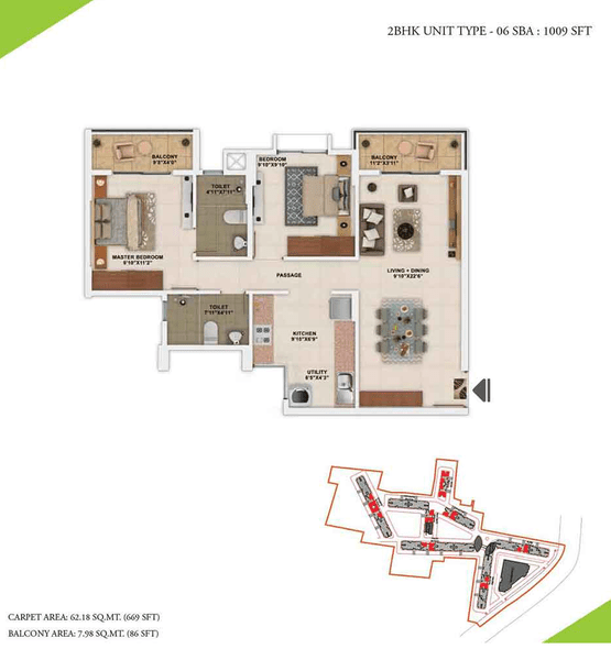 Salarpuria Sattva Park Cubix 2 BHK Floor Plan