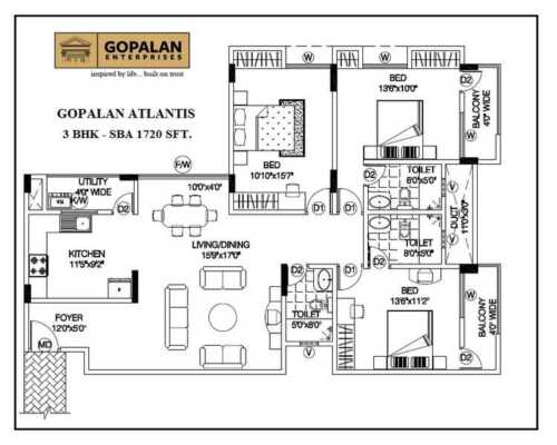 Gopalan Atlantis 3 BHK Floor Plan