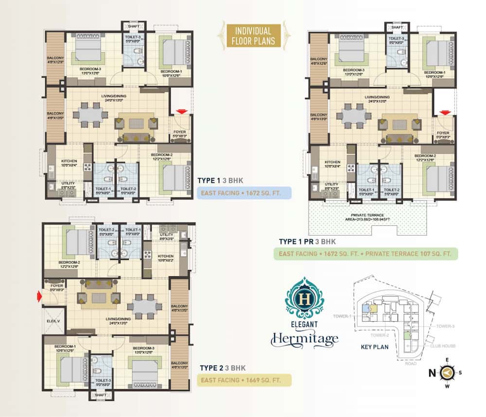 Elegant Hermitage 3 BHK Floor Plan